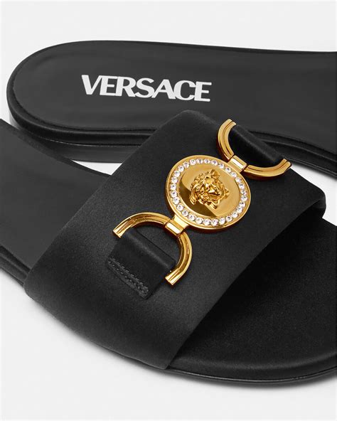 versace women's black medusa aeternitas leather platform sandals|medusa '95 satin flat sandals.